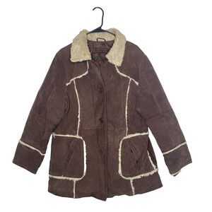 Y2K Genuine Leather Coat 1X Penny Lane Shearling Trim Brown Distressed Jacket‎